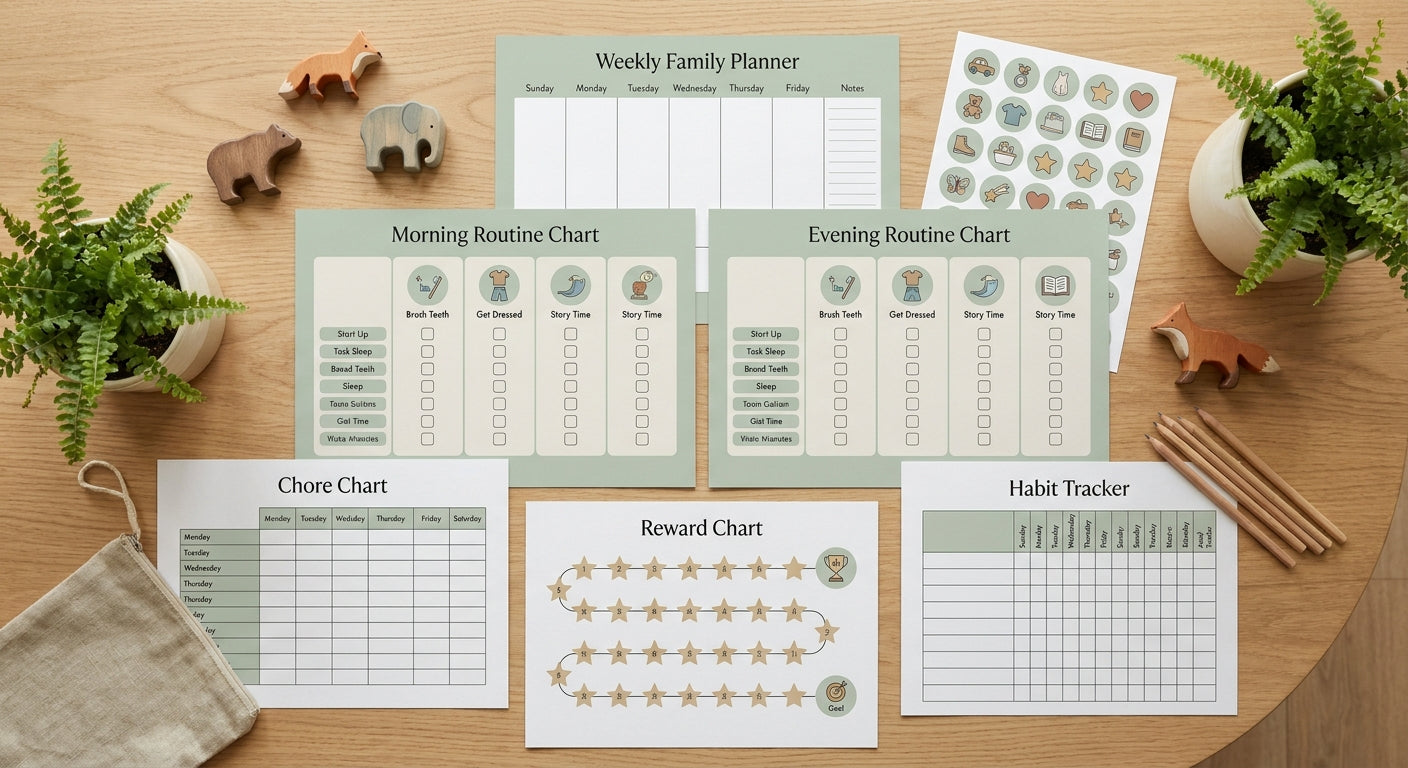 Complete kids routine printable bundle flat lay