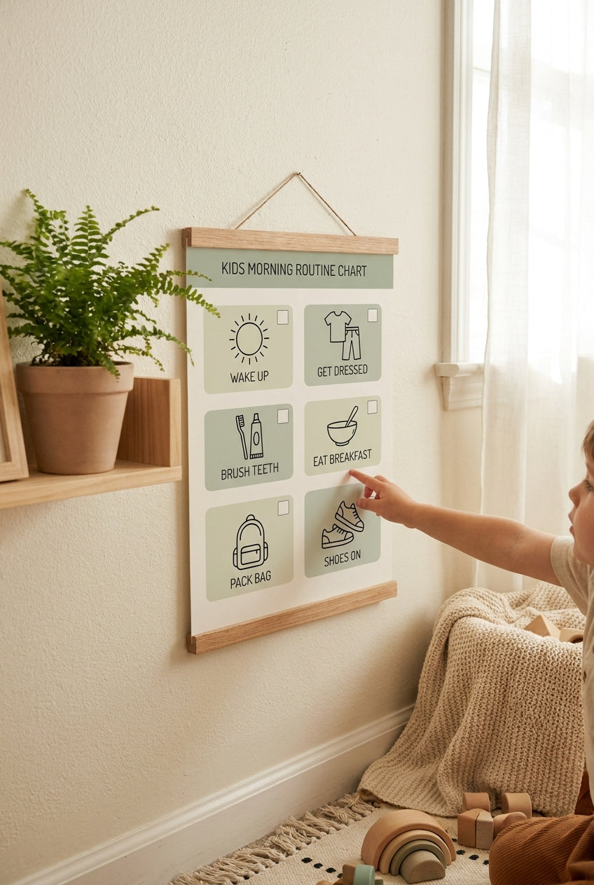 Kids morning routine chart on a bedroom wall