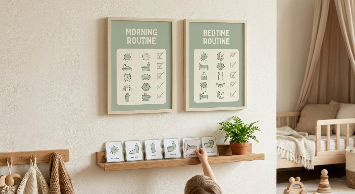 Morning and bedtime routine charts on a nursery wall