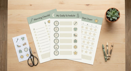 Morning routine chart pack flat lay