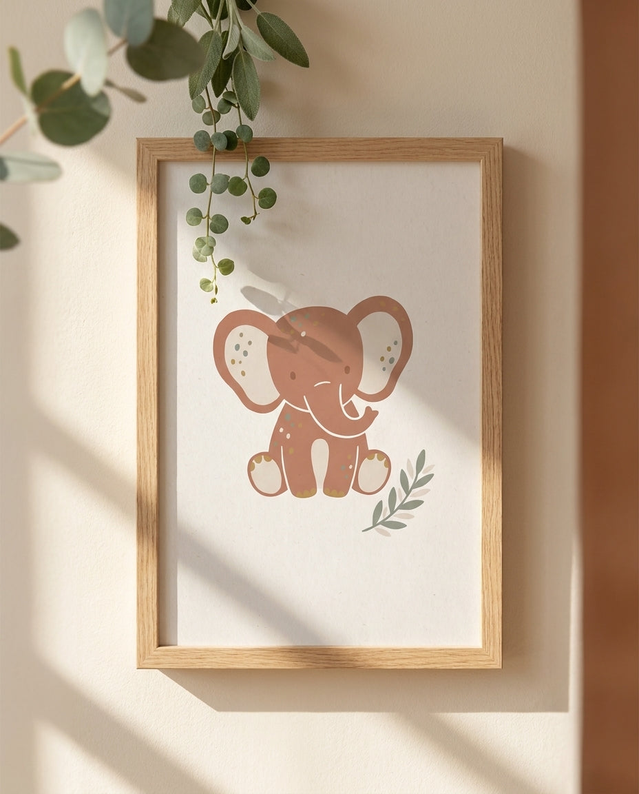 Safari baby elephant nursery print framed close-up with eucalyptus