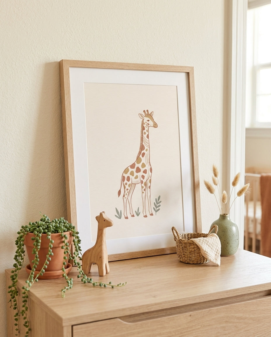 Safari giraffe nursery print framed and leaning on a wooden dresser with plant and toys