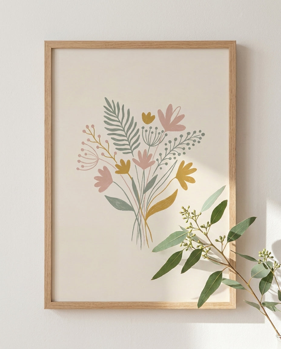 Wildflower bouquet nursery print framed close-up with eucalyptus