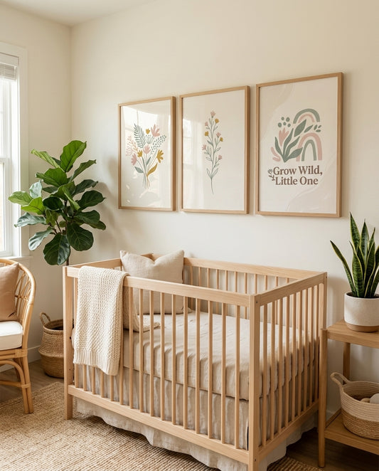Wildflower boho nursery gallery wall, botanical prints framed above a crib