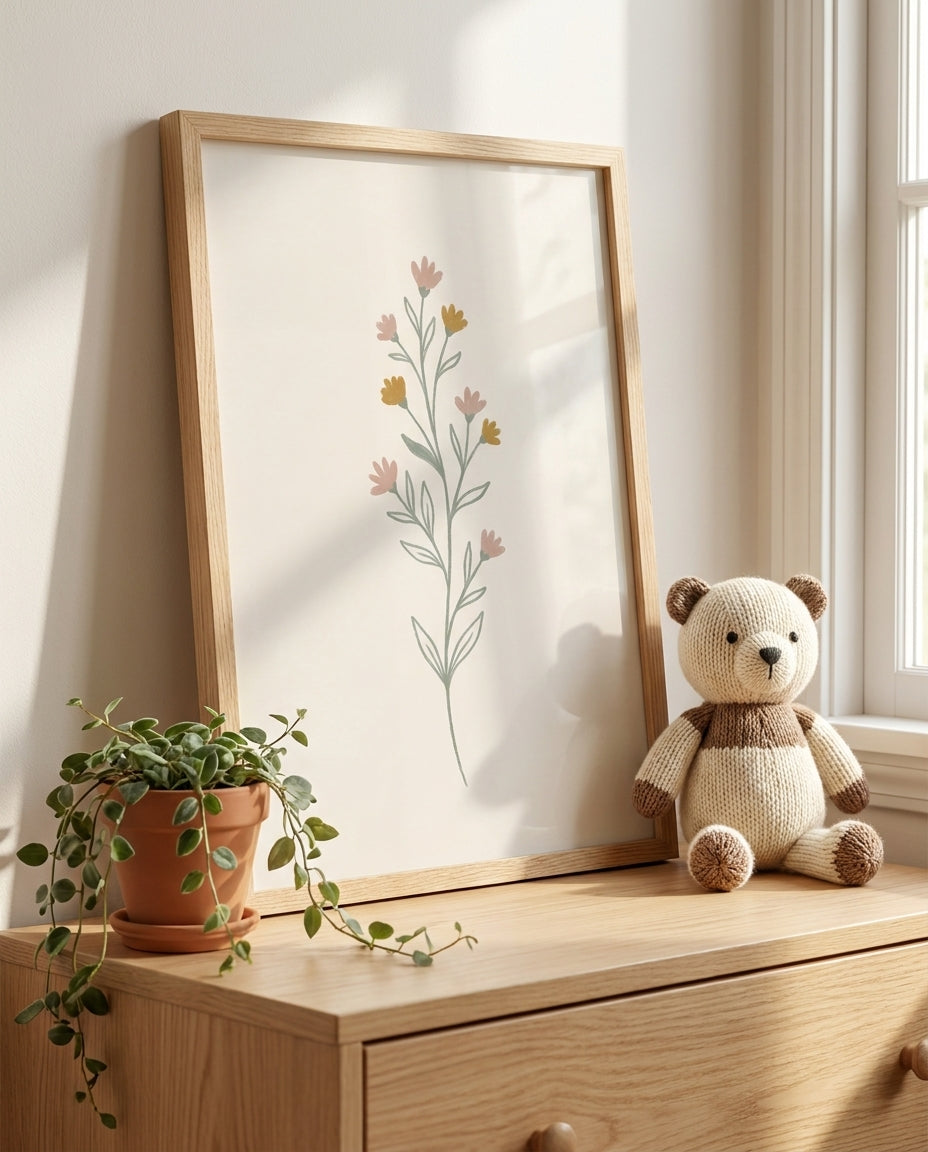 Wildflower botanical nursery print leaning on a wooden dresser with a plant