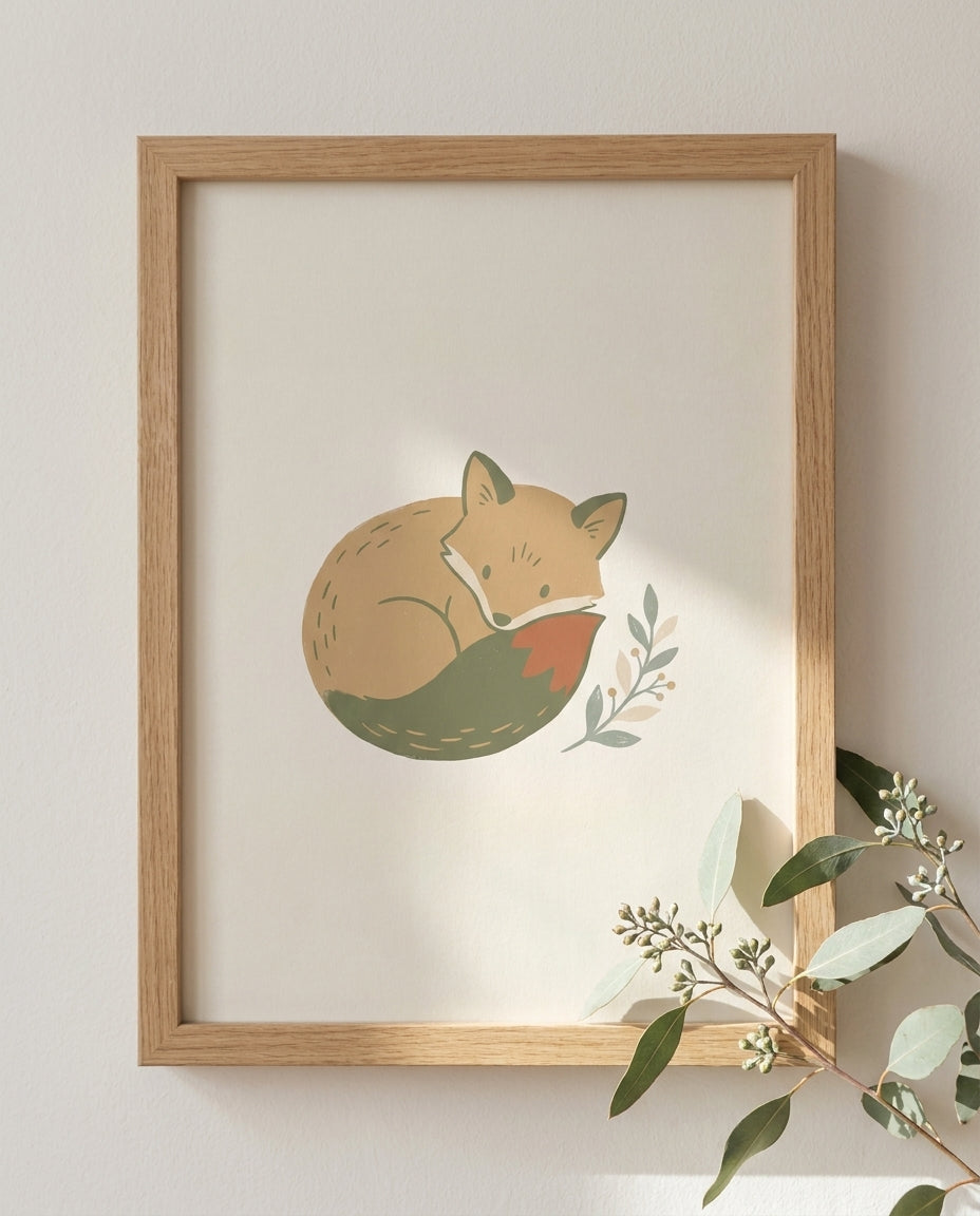 Woodland fox nursery print framed close-up with eucalyptus