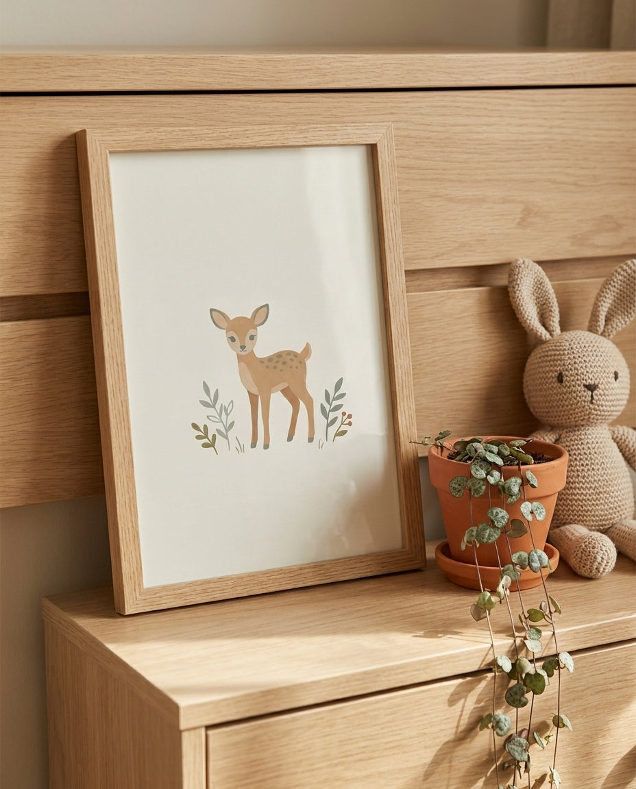 Woodland fawn nursery print framed and leaning on a wooden dresser with a plant